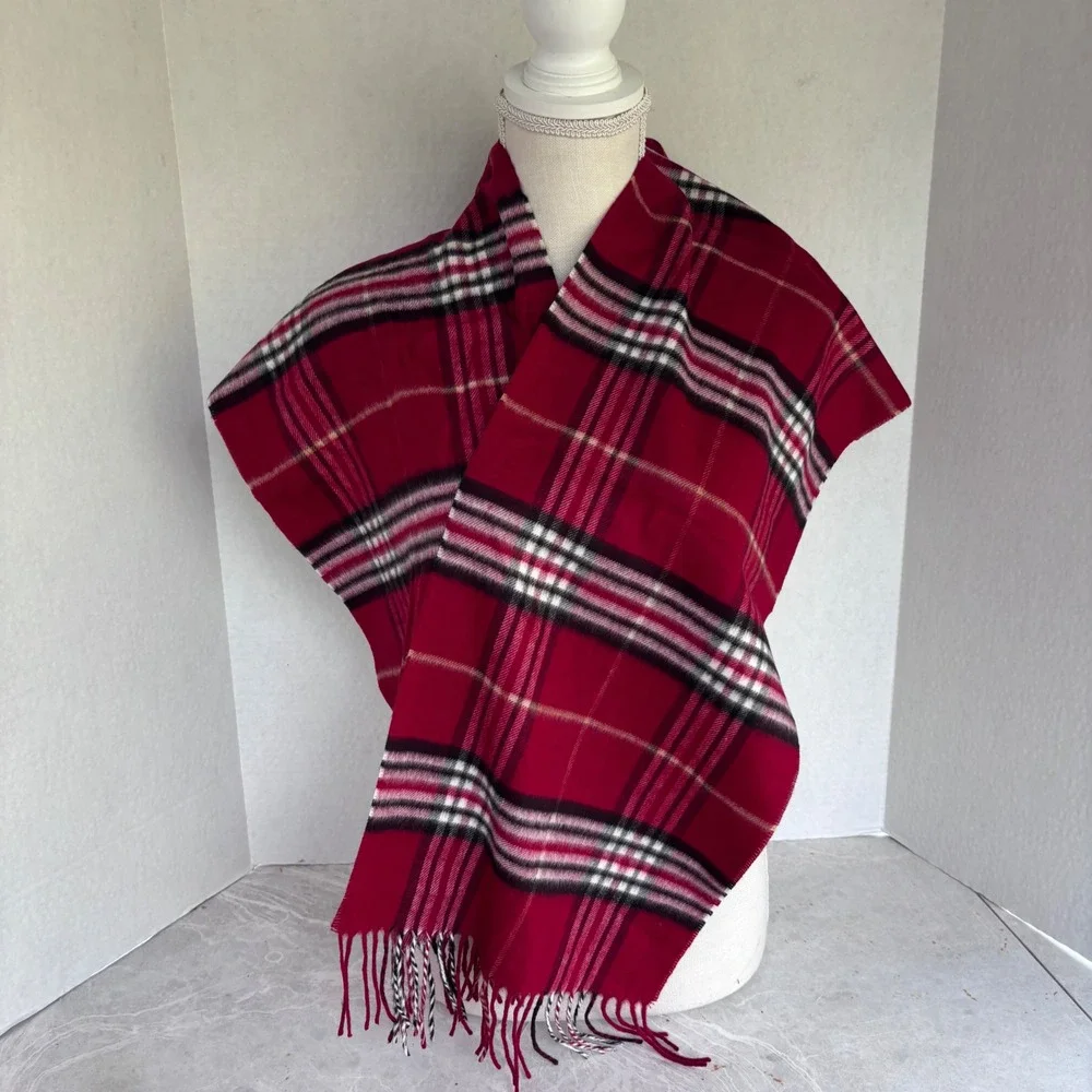V FRAAS Red Plaid Cashmere Blend Scarf Fringe‎ Made in Germany